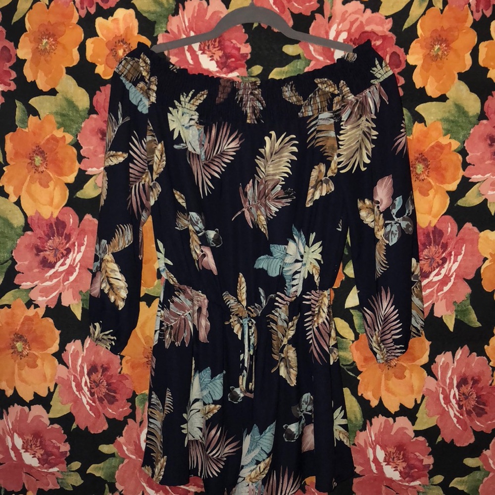 Tropical Off-the-Shoulder Navy Blue Romper